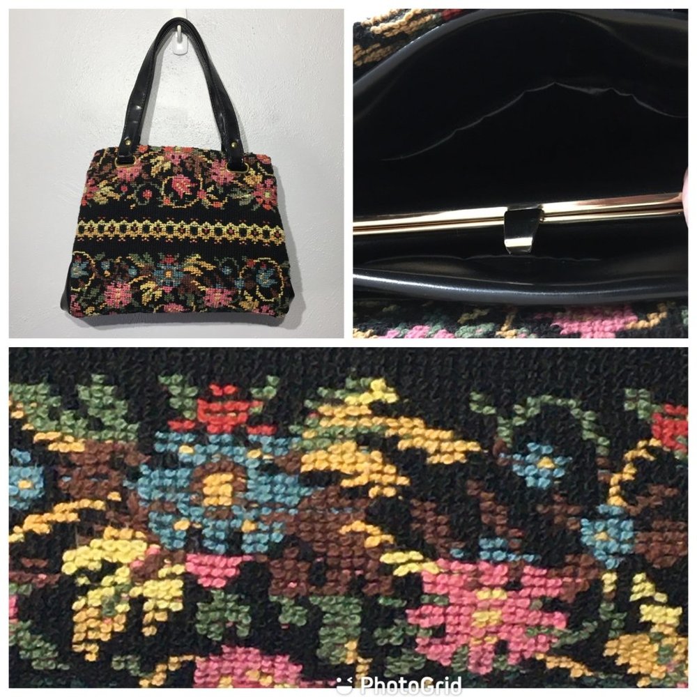 Vintage 50s 60s Needlepoint Tapestry Carpet Bag Black Colorful Floral Purse - Picture 1 of 16